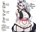 anthro arm_tuft big_breasts blush bow_tie breasts chest_tuft cleavage clothed clothing cross-popping_vein dialogue ear_piercing ear_ring eyebrow_piercing eyebrows eyelashes facial_piercing female fur grey_hair hair huge_breasts long_hair maid_uniform navel notched_ear piercing red_sclera ring_piercing simple_background solo tail text thick_thighs tuft twitter_handle uniform white_background white_body white_eyes white_fur kuru_tyan helluva_boss mythology strip_meme loona_(helluva_boss) canid canid_demon canine demon hellhound mammal mythological_canine mythological_creature 2025 digital_media_(artwork) english_text hi_res