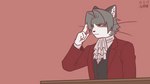 alternate_species anthro black_nose bow_tie clothed clothing duo fur furrification gesture grey_body grey_fur grey_hair hair hand_gesture male pointing red_background simple_background smile thinking thoughtful_expression whiskers white_body white_fur karasuma_wasabi ace_attorney capcom objection! miles_edgeworth felid feline mammal 16:9 2021 animated hi_res loop short_playtime widescreen