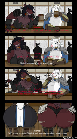 anthro big_butt black_hair butt dialogue drinking duo_focus female furniture group hair huge_butt laugh mature_female open_mouth public pupils sitting smile stool text white_body white_hair apocalypsedog1 mythology skarlett_cynder dragon mammal mythological_creature mythological_scalie scalie absurd_res digital_media_(artwork) english_text hi_res