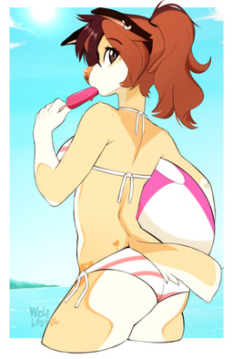 anthro bikini biped breasts butt clothed clothed_anthro clothed_female clothing countershade_torso countershading female fingers fur hair looking_at_viewer rear_view solo standing swimwear tail two-piece_swimsuit wolflady danika_(wolflady) canid canine canis domestic_dog mammal 2026 digital_drawing_(artwork) digital_media_(artwork)