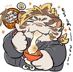 anthro asian_clothing clothing cute_fangs east_asian_clothing eating eyes_closed fangs food humanoid_hands japanese_clothing kemono male overweight overweight_male solo teeth white_body buta5kawa lifewonders tokyo_afterschool_summoners licho_(tas) felid mammal pantherine tiger 2022 hi_res