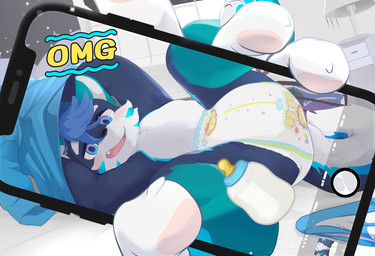 abdl anthro anus biped blue_body blue_clothing blue_eyes blue_fur blue_hair blue_markings blue_shirt blue_topwear blush cellphone clothing diaper duo electronics flaccid fur fur_markings genitals green_ears green_legs hair little_kings_(diaper) looking_at_viewer male markings multicolored_eyes nude_anthro nude_male pawpads penis phone photographing_another pink_anus pink_pawpads purple_eyes shirt shota smartphone solo_focus taking_picture topwear underwear undressing_self wet_hand wetness_indicator white_body white_clothing white_diaper white_fur white_underwear young young_anthro young_male sheryl_(artist) abuniverse little_kings canid canine canis domestic_dog husky mammal nordic_sled_dog spitz 2026 character_request digital_drawing_(artwork) digital_media_(artwork) hi_res