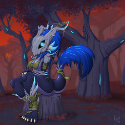 blue_hair blue_tail_tip bottomwear claws clothing dark_body dipstick_tail female forest glowing glowing_eyes hair loincloth looking_at_viewer markings plant purple_body ragged_clothing sitting solo stump tail tail_markings tree wood wooden_mask wrappings fuzzycogs kobold scalie 1:1 absurd_res hi_res huge_filesize