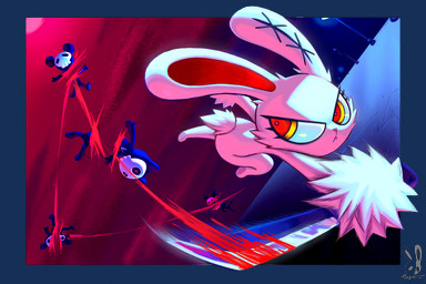 ambiguous_gender anthro black_body black_fur blood bodily_fluids border decapitation face_plate fur group jumping killing melee_weapon red_eyes red_inner_ear sword transparent_border weapon white_body white_fur reapers969 2spot_studio bloody_bunny_(series) bloody_bunny skull_minion_(bloody_bunny) lagomorph leporid mammal rabbit 3:2 alpha_channel hi_res