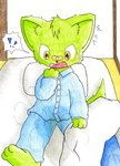 anthro bandage bed bed_sheet bedding bedwetting biped bodily_fluids clothing exclamation_point fur furniture genital_fluids green_body green_fur lying male omorashi pajamas pillow shocked solo sweat urine watersports wetting young young_anthro gohami domestic_cat felid feline felis mammal