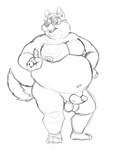 anthro balls belly big_belly erection eyewear genitals glasses humanoid_hands male mature_male moobs navel nipples overweight overweight_male penis simple_background solo bravo canid canine canis mammal wolf 2022 hi_res monochrome sketch