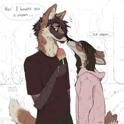 anthro black_nose boop bottomwear brown_body brown_fur clothing comic_panel date dessert dialogue duo eyebrows eyes_closed female food fruit fur grass hoodie ice_cream love male male/female melting multicolored_body nose_boop nose_to_nose pants park piercing pink_clothing pink_hoodie pink_topwear plant red_clothing red_eyes red_shirt red_t-shirt red_topwear romantic romantic_couple scut_tail shirt short_tail shy smile strawberry surprise_kiss t-shirt tail text topwear tree walking drunkmagpie canid canine deer mammal maned_wolf 1:1 comic digital_media_(artwork) english_text hi_res sketch