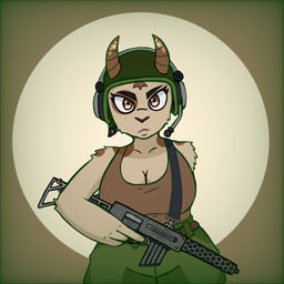 anthro apocalyptic armor brown_body brown_eyes brown_fur clothing female fur gun headgear helmet horn military_uniform one_arm ranged_weapon solo spots sun thousand_yard_stare uniform unimpressed wasteland weapon fracasado victoria_(fracasado) bovid caprine goat mammal 1:1