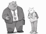 anthro bottomwear clothing duo eyewear glasses kemono male mature_male necktie open_mouth overweight overweight_male pants shirt simple_background topwear pommn_mn domestic_cat felid feline felis mammal suid suine sus_(pig) wild_boar 2025 4:3 hi_res