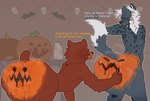 anthro anus balls big_butt blush bodily_fluids brown_body brown_fur butt duo for_a_head fur genital_fluids genitals grey_body grey_fur hair holidays male male/male nude open_mouth paint pumpkin_butt pumpkin_head simple_background tail text white_hair mertvykhcrows halloween cristyfur hazen bear hyena mammal object_head spotted_hyena digital_media_(artwork) english_text hi_res pixel_(artwork)