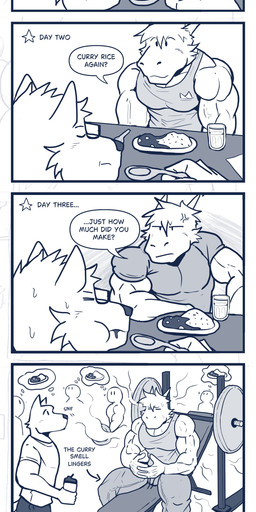 ambiguous_gender annoyed anthro barbell bench_press beverage biceps big_muscles bodily_fluids bottle bottomwear closed_smile clothed clothed_anthro clothed_male clothing container cross-popping_vein cup curry cutlery dialogue directional_arrow drawstring_bottomwear drawstring_pants emanata eye_contact eyes_closed eyewear front_view fully_clothed fully_clothed_anthro fully_clothed_male fur furniture glass glass_container glass_cup glasses group hair holding_bottle holding_container holding_object holding_spoon kitchen_utensils looking_at_another male mouth_closed muscular muscular_anthro muscular_male onomatopoeia pants plate rectangular_glasses shirt side_view silhouette sitting smile sound_effects speech_bubble spoon sweat sweatdrop sweaty_arms sweaty_face table talking_to_another tank_top text thought_bubble tools topwear wearing_glasses gingatetsudou21 soendapuss mythology canid dragon mammal mythological_creature mythological_scalie scalie wingless_dragon 2025 absurd_res artist_collaboration blue_and_white comic digital_drawing_(artwork) digital_media_(artwork) english_text full-length_portrait half-length_portrait headshot_portrait hi_res monochrome one_page_comic portrait three-quarter_portrait male_(lore)