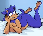 3_toes 5_fingers anthro arm_support bed bent_leg blue_body blue_eyebrows blue_fur blue_tail blue_wall eyebrows feet fingers fur furniture green_eyes half-closed_eyes leaning_on_elbow lying male narrowed_eyes nude_anthro nude_male on_bed on_front solo tail tan_body tan_inner_ear tan_skin toes toothy_grin wall_(structure) white_bedding beastofeuthanasia sega sonic_the_hedgehog_(series) sonic_the_hedgehog eulipotyphlan hedgehog mammal 2024 colored digital_drawing_(artwork) digital_media_(artwork) shaded simple_shading