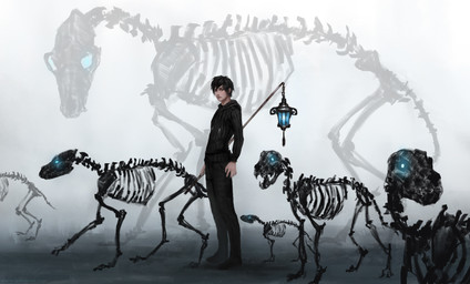 5_fingers black_hair clothed clothing feral fingers group hair hoodie lamp lantern topwear jademerien canid canine human mammal 2018 digital_media_(artwork) hi_res