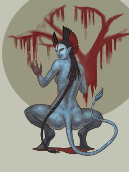 back_boob back_groove black_hair blood blue_body bodily_fluids breasts butt crouching feet female hair humanoid_pointy_ears nude pointy_ears small_breasts solo yellow_eyes housesetting james_cameron's_avatar varang_(avatar) alien humanoid na'vi 2025 hi_res