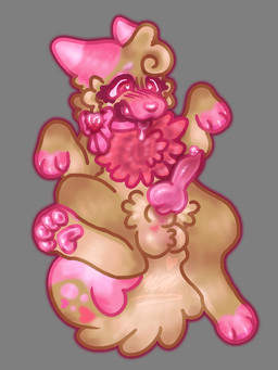 anatomically_correct anatomically_correct_genitalia animal_genitalia animal_penis aroused balls blush blush_lines bodily_fluids bow_ribbon brown_body brown_fur canine_genitalia drooling femboy feminine feral fur genital_fluids genitals heart_pupils heart_symbol knot knotted_penis lying male on_back pawpads paws penis pink_body pink_fur precum quadruped raised_leg saliva solo spread_legs spreading tongue valtreatment canid canine canis domestic_dog mammal 3:4 nonbinary_(lore)