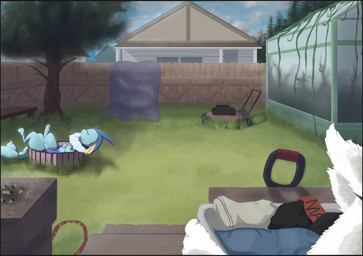 backyard building cigarette clothing collar comic_panel female fluffy house kiddie_pool laundry laundry_basket lawn male painted_background scenery slave sleeping sunny swimming_pool tail poofythedragon nintendo pokemon braixen canid canine eeveelution fox generation_1_pokemon generation_6_pokemon mammal pokemon_(species) vaporeon absurd_res comic hi_res