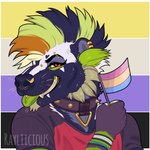 agender_pride_colors anthro blue_body blue_fur blue_hair bridge_piercing brown_collar cheek_tuft clothed clothing collar ear_piercing ear_ring eyebrow_piercing eyelashes facial_piercing facial_tuft flag flag_(object) fur glistening glistening_eyes green_hair green_tongue grin hair holding_flag holding_object lgbt_pride looking_at_viewer male multicolored_hair multiple_piercings narrowed_eyes nonbinary_pride_colors nose_piercing orange_hair pansexual_pride_colors piercing pride_color_flag pride_colors red_eyes ring_piercing shirt smile solo spiked_collar spikes t-shirt teeth tongue tongue_out tongue_piercing tongue_stud topwear tuft whiskers white_body white_fur yellow_sclera yellow_teeth rayliicious mammal mephitid skunk 1:1