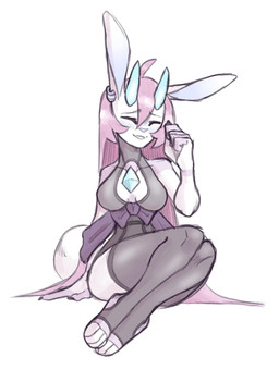 anthro blue_horn blush breasts chest_gem cleavage_cutout clothing cutout ear_piercing eyes_closed female fluffy fluffy_tail gem hair horn legwear long_ears long_hair medium_breasts mole_on_cheek paws piercing pink_body pink_hair simple_background sitting sitting_on_ground smile solo tail thigh_highs toeless_thigh_highs wide_hips proxicute hybrid lagomorph leporid mammal rabbit 2019 hi_res