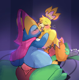 anthro blush bodily_fluids clothing eyes_closed facesitting feet female female/female group group_sex hat headgear headwear heat_(temperature) hennin holding_each_other holding_leg kissing making_out male male/female penetration power_bottom saliva saliva_string sex sitting sitting_on_another talons toes triangle_position trio vaginal vaginal_penetration ashfordkingston nintendo pokemon chic_tendie lanciot princess_waddle combusken generation_3_pokemon generation_4_pokemon grovyle pokemon_(species) prinplup hi_res