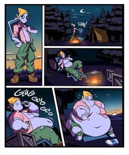 4_eyes 5_panel_comic ambiguous_gender areola backpack belly belly_expansion big_belly blue_body blue_eyes blue_skin boots border bottomwear brown_boots brown_clothing brown_footwear campfire camping camping_chair candy clothed clothing dessert drinking eating expansion fat_arms fat_face fish_meat food footwear green_bottomwear green_clothing green_pants growing_out_of_clothes hairless huge_belly kerchief marshmallow meat moobs multi_eye night nipples obese obese_humanoid outside overweight overweight_humanoid pants pink_clothing pink_shirt pink_topwear pointy_ears purple_areola shirt shoes sky smile solo stuffing tent topwear torn_clothing weight_gain white_border yellow_kerchief superspoe outer_wilds koppie alien alien_humanoid hearthian humanoid absurd_res comic hi_res