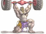 anthro athletic biceps big_muscles big_penis biped black_nose clothed clothing crouching exercise fangs flaccid fur genitals green_eyes grey_body grey_fur grey_hair hair holding_object huge_muscles improvised_weights kneeling male musclegut muscular muscular_anthro muscular_male nipples open_mouth pecs penis solo teeth thick_penis topless torn_clothing vein weightlifting workout wrestling_singlet yellow_body yellow_fur braford ted_(braford) bear brown_bear mammal ursine traditional_media_(artwork)