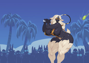 5_fingers anthro ball big_breasts bikini biped blue_border blush blush_lines bodily_fluids border breasts clothed clothed_anthro clothed_female clothing crowd curvy_figure day eyebrows female female_anthro fingers front_view fur gold_bikini grey_body group hair holding_object holding_racket holding_tennis_racket huge_breasts motion_lines navel navel_piercing one-piece_swimsuit outside palm_tree piercing plant pubes side_boob skimpy sky sling_bikini smile solo_focus sport sweat sweaty_arms sweaty_body sweaty_breasts sweaty_legs sweaty_thighs swimwear tail tennis tennis_ball tennis_racket thick_thighs tree two-piece_swimsuit white_eyebrows white_hair white_pubes white_tail wool_(fur) wool_hair yellow_eyes nanokindred golden_week background_character reinette bovid caprine mammal sheep 2025 digital_drawing_(artwork) digital_media_(artwork) hi_res