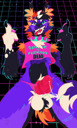 animal_genitalia animal_penis anthro arm_tuft armpit_hair ball_tuft balls bared_teeth bedroom_eyes black_body black_fur bodily_fluids body_hair canine_genitalia canine_penis cheek_tuft chest_tuft claws clothing clothing_aside collar crop_top dripping ear_piercing ear_ring ear_tuft elbow_tuft erection facial_tuft fangs fur genital_fluids genitals gesture green_sclera hair half-closed_eyes hand_gesture knot looking_at_viewer male middle_finger multicolored_body multicolored_fur multicolored_hair narrowed_eyes neon open_mouth open_smile panties panties_aside pawpads paws penis piercing pink_pawpads precum precum_drip precum_string pubes purple_body purple_fur ring_piercing seductive sharp_teeth shirt shoulder_tuft simple_background smile smirk smug smug_face smug_grin snarling solo sparklefur spiked_collar spikes standing synthwave teeth teeth_showing text text_on_clothing text_on_shirt text_on_topwear tongue tongue_out topwear tuft underwear underwear_aside white_body white_fur conditional_dnp luckfoxo33ad canid canine canis fox mammal wolf 3:5 absurd_res english_text hi_res