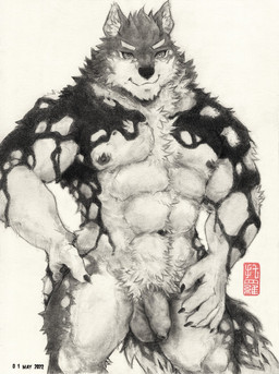 abs anthro balls big_muscles black_body black_fur claws flaccid foreskin fur genitals hand_on_hip humanoid_genitalia humanoid_penis long_foreskin male multicolored_body multicolored_fur muscular muscular_anthro muscular_male nipples nude pecs penis pubes smile solo two_tone_body two_tone_fur unretracted_foreskin white_body white_fur felixleong toronoeroaka lifewonders live_a_hero monomasa canid canine canis domestic_dog husky mammal nordic_sled_dog spitz 2022 dated greyscale hi_res monochrome traditional_media_(artwork)