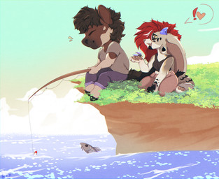 anthro barefoot big_ears breasts brown_body brown_fur brown_hair chibi clothing cloud duo ears_down eyes_closed featureless_crotch feet female fishing fishing_rod fur grey_body grey_fur hair happy heart_symbol hooves horn long_ears long_hair male male/female muzzle_(object) outside pawpads paws pink_pawpads pivoted_ears red_hair sea simple_background sky smile soles tail toes water white_body white_fur shyryp broderick_longshanks shyryp_(character) aquatic arthropod canid canine crab crustacean decapod equid equine fish horse malacostracan mammal digital_media_(artwork) hi_res