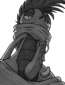 anthro anthrofied biped bodily_fluids bottomwear clothed clothing cum cum_drip dark_eyelids dripping erection foreshortening front_view genital_fluids genitals hair half-closed_eyes looking_at_viewer low-angle_view male midriff mohawk narrowed_eyes pants penile_spines penis perspective plantigrade pokemorph red_hair simple_background solo teasing three-quarter_view white_background denzeltip nintendo pokemon fan_character gambit_the_scrafty generation_5_pokemon pokemon_(species) scalie scrafty 2019 digital_drawing_(artwork) digital_media_(artwork) greyscale hi_res mixed_media monochrome traditional_media_(artwork)