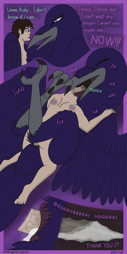 animal_genitalia beak bite bodily_fluids claws cloaca cum dominant dominant_female duo feathers female feral from_front_position genital_fluids genitals head_in_mouth licking lying male male/female missionary_position on_back penis purple_body purple_eyes purple_feathers rypho sex size_difference smaller_male tail text tongue wings midnightgryphon avian bird corvid corvus_(genus) crow human humanoid mammal oscine passerine 1:2 absurd_res english_text hi_res url