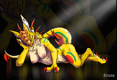 2_toes 4_eyes anthro belly breasts crawling dark_room feet female fur genitals long_tail lying multi_eye neck-fluff nipples nude red_spikes solo spiked_tail spikes spikes_(anatomy) tail tan_belly thick_thighs toes tongue vulva yellow_body yellow_fur cyberspaceart alien absurd_res hi_res