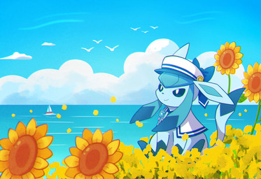 ambiguous_gender blue_body blue_bow blue_hair clothing day feral flower hair hat headgear headwear outside plant pupils sea sitting sky solo sunflower tail water white_pupils yellow_flower komanyachi nintendo pokemon eeveelution generation_4_pokemon glaceon pokemon_(species) colored digital_drawing_(artwork) digital_media_(artwork) hi_res shaded