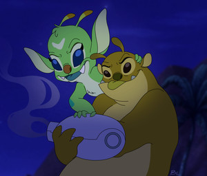 antennae_(anatomy) arm_markings big_head blue_eyes brown_eyes brown_nose carrying_another chest_tuft cute_fangs cybernetic_arm cybernetic_limb dipstick_antennae duo eyelashes facial_markings fangs female forehead_markings fur green_body green_fur green_nose green_tongue head_markings head_tuft male markings multicolored_antennae night on_shoulder open_mouth open_smile screencap screencap_background smile tan_body teal_tongue teeth tongue tuft badlib disney lilo_and_stitch bonnie_(lilo_and_stitch) clyde_(lilo_and_stitch) alien experiment_(lilo_and_stitch) 2022 digital_drawing_(artwork) digital_media_(artwork) hi_res