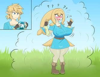 anthro big_breasts blonde_hair blue_clothing blush boots bottomwear breasts clothing day ear_piercing ear_ring female fin footwear gender_transformation grass hair holding_orb humanoid_pointy_ears humanoid_to_anthro male mtf_transformation nipple_outline open_mouth outside pants piercing plant pointy_ears question_mark ring_piercing shoes solo species_transformation standing surprised transformation flybeeth majora's_mask nintendo the_legend_of_zelda link zora_link humanoid hylian marine zora 2024 digital_media_(artwork) hi_res