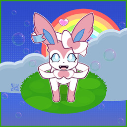 ambiguous_gender blue_eyes bow_(anatomy) bow_ribbon bubble cloud eyelashes fangs feral looking_at_viewer pink_body rainbow ribbons_(anatomy) smile solo teeth white_body nillykfox nintendo pokemon pokemon_amie eeveelution generation_6_pokemon pokemon_(species) sylveon 1:1 2025 absurd_res aliasing digital_media_(artwork) hi_res