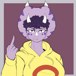 anthro big_breasts border breasts clothed clothed_anthro clothed_female clothing eyelashes facial_horn female fingers frill_(anatomy) front_view gesture grey_border hair hand_gesture hoodie horn humanoid_hands long_eyelashes looking_at_viewer markings middle_finger non-mammal_breasts purple_body purple_eyes purple_hair short_hair simple_background smile smirk solo spots spotted_markings tear_trough topwear yellow_clothing yellow_hoodie yellow_topwear nasu_no_itame98 goodbye_volcano_high ko_op_(game_developer) trish_(gvh) ceratopsian ceratopsid chasmosaurine dinosaur marginocephalian ornithischian prehistoric_species reptile scalie triceratops absurd_res bust_portrait hi_res portrait shaded