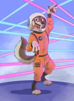 3_toes 4_fingers anthro armor astronaut_helmet black_nose claws clothed clothed_anthro clothed_male clothing dancing fangs feet finger_claws fingers fur grey_body grey_fur headgear helmet hindpaw humanoid_hands male open_mouth open_smile paws smile solo spacesuit tail teeth toe_claws toes tongue tongue_out wearing_armor wearing_helmet aar0njay disney zootopia astro_wolf_(zootopia) canid canine canis mammal northwestern_wolf wolf 2025 hi_res signature