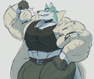 anthro belt bicep_flex big_muscles big_pecs clothing growth huge_muscles huge_pecs male muscle_growth muscular pecs smug_grin solo torn_clothing crocobu brand_new_animal studio_trigger shirou_ogami canid canine canis mammal wolf 2023 absurd_res hi_res