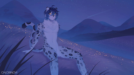 anthro femboy male night nude shooting_star sitting solo chlorinovi nevoso_asti felid feline mammal pantherine snow_leopard 16:9 2d_animation 4k absurd_res animated hi_res motion_tweening no_sound short_playtime video widescreen