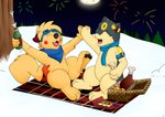 anthro beverage duo fireworks food gesture high_five male male/male midnight_meowth nintendo pokemon sparkychu generation_1_pokemon generation_2_pokemon pikachu pokemon_(species) quilava absurd_res hi_res