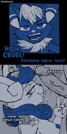 after_oral anthro blue_hair bodily_fluids breasts cheating_wife couples cuck cuckold cum cum_drip dialogue digit_ring dripping fellatio female genital_fluids genitals group hair hair_grab infidelity jewelry male male/female married medium_breasts oral penile penis ring sex smug text touching_hair trio wedding_ring white_hair fuzymuze nintendo pokemon fan_character generation_6_pokemon humanoid meowstic pokemon_(species) absurd_res comic english_text hi_res
