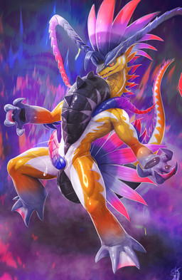 alternate_color animal_genitalia aura bodily_fluids feathers feet genital_fluids genital_slit genitals looking_at_viewer male membrane_(anatomy) penis pokemorph precum ridged_penis solo spikes spikes_(anatomy) tail toes vein veiny_penis webbed_feet webbed_hands drakaar nintendo pokemon shakran ancient_pokemon apex_build_koraidon generation_9_pokemon koraidon legendary_pokemon paradox_pokemon pokemon_(species) absurd_res hi_res huge_filesize
