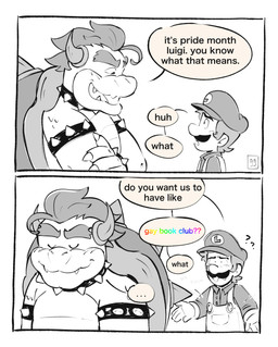 2_horns 2_panel_comic 4_fingers 5_fingers anthro armband asking asking_another black_armband black_border black_bracelet black_collar black_eyebrows black_eyes black_facial_hair black_mustache blush border bracelet claws closed_smile clothed clothed_human clothed_male clothing collar confusion curved_horn duo ellipsis eye_contact eyebrows eyes_closed facial_hair fangs fingers fully_clothed fully_clothed_human fully_clothed_male gloves grey_clothing grey_eyebrows grey_hair grey_hat grey_headwear grey_horn grey_shell grey_shirt grey_topwear hair handwear hat headgear headwear horn jewelry king larger_anthro larger_male lgbt_pride light logo looking_at_another male male_anthro male_human motion_lines mouth_closed mustache no_pupils overalls pockets question question_mark royalty scales shell shirt short_hair simple_background size_difference smaller_human smaller_male smile smiling_at_another spiked_armband spiked_bracelet spiked_collar spiked_shell spiked_tail spikes spikes_(anatomy) standing tail teeth text thick_eyebrows tongue topwear walking_away white_background white_body white_claws white_clothing white_gloves white_handwear white_overalls white_scales white_sclera white_spikes white_tongue gustygardns 67_(meme) it's_pride_month_you_know_what_that_means lgbt_pride_month mario_bros nintendo bowser luigi human koopa mammal scalie 2026 artist_logo comic digital_drawing_(artwork) digital_media_(artwork) english_description english_text hi_res lighting meme partially_colored shaded