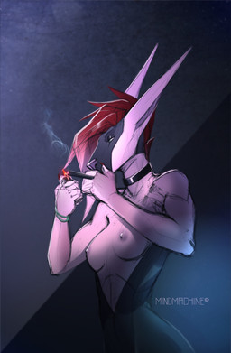 anthro big_ears biped breasts cigarette collar collar_only female hair long_ears nipples nude red_hair smoking solo mindmachine noctem_(dasnox) acrador canid canine canis jackal mammal absurd_res hi_res