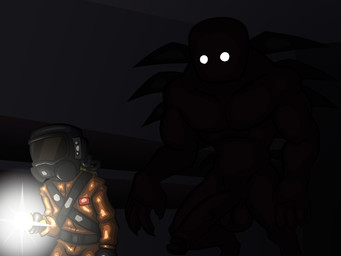 balls behind_another biceps big_balls big_penis bulge claws clothing dark digitigrade duo erection flashlight foreskin genitals glowing glowing_eyes headgear humanoid_genitalia humanoid_penis male mask muscular not_furry nude nude_male orange_clothing pecs penis red_body red_skin retracted_foreskin size_difference sneaking white_eyes t6ktal lethal_company decoy_suit_(lethal_company) bracken_(lethal_company) human humanoid mammal 4:3 hi_res