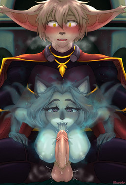 anthro balls big_breasts big_ears blush bodily_fluids breasts brown_body clothed clothed_sex clothing duo erection female genital_fluids genitals ghost_sex heart_eyes heart_symbol licking male male/female nipples oral penile penis penis_lick precum sex sweat tongue tongue_out tsarinart twokinds keith_keiser laura_(twokinds) basitin canid canine fox ghost keidran mammal red_fox spirit true_fox hi_res