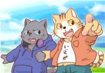 anthro black_body black_fur clothing cute_fangs duo electronics fangs fur headphones hoodie humanoid_hands kemono male outside shirt slightly_chubby teeth topwear kotadash working_buddies! kuehiko_roshihara tapio_chatarozawa domestic_cat felid feline felis mammal 2020