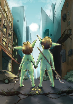 building butt butt_focus car city duo feet female glistening glistening_body green_body green_skin halberd hand_holding holding_object holding_weapon male male/female melee_weapon nude outside pointy_ears polearm post-apocalyptic rear_view ruins short_stack sky skyscraper sword vehicle weapon greenbuncafe goblin humanoid mammal absurd_res colored digital_drawing_(artwork) digital_media_(artwork) hi_res shaded signature