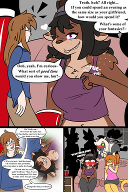 3_panel_comic anthro blush blush_lines dialogue female furniture group male male/female micro one_eye_closed party red_solo_cup size_difference smaller_human sofa suggestive_dialogue wink grayghost64 deer domestic_cat felid feline felis human mammal mephitid new_world_deer reindeer skunk 2:3 comic hi_res